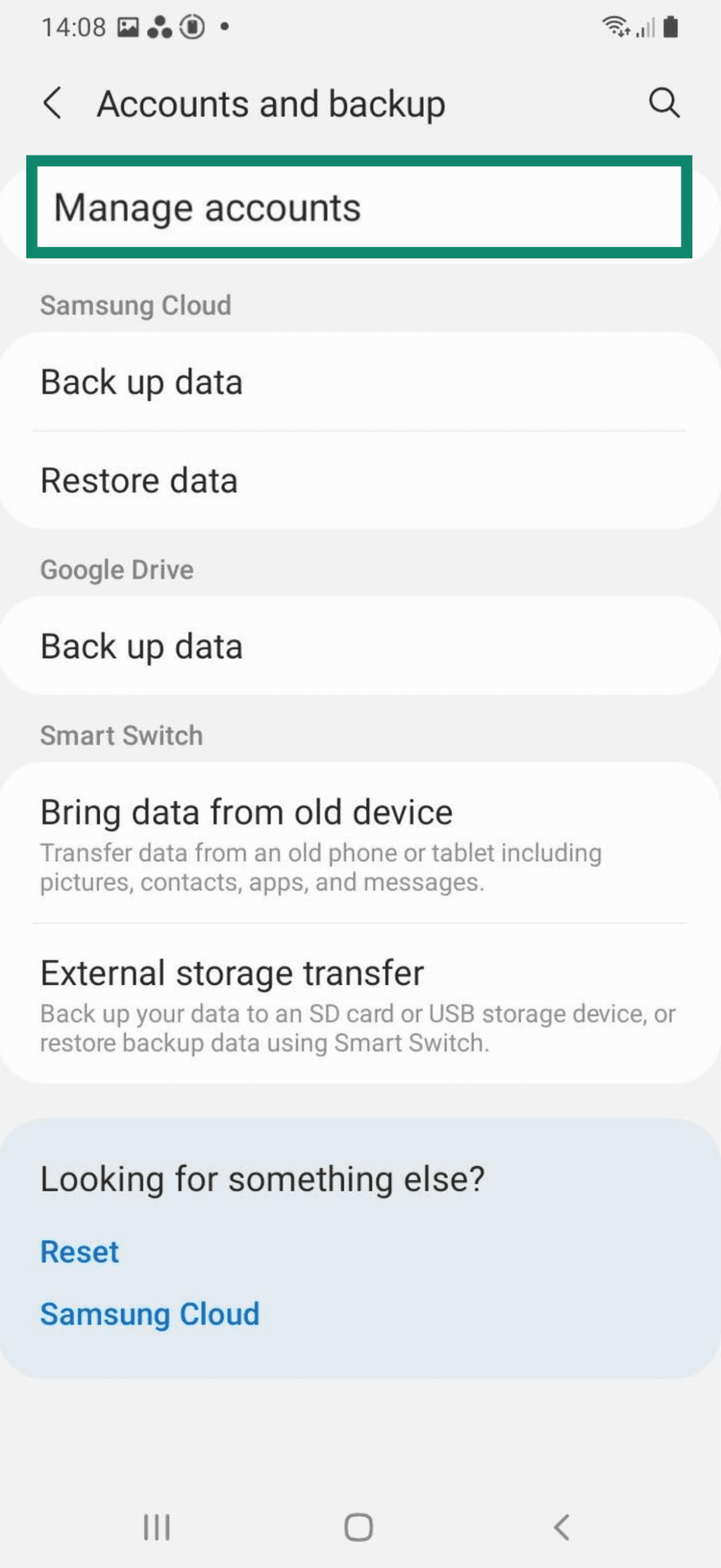 Opción Administrar cuentas en un dispositivo Android.