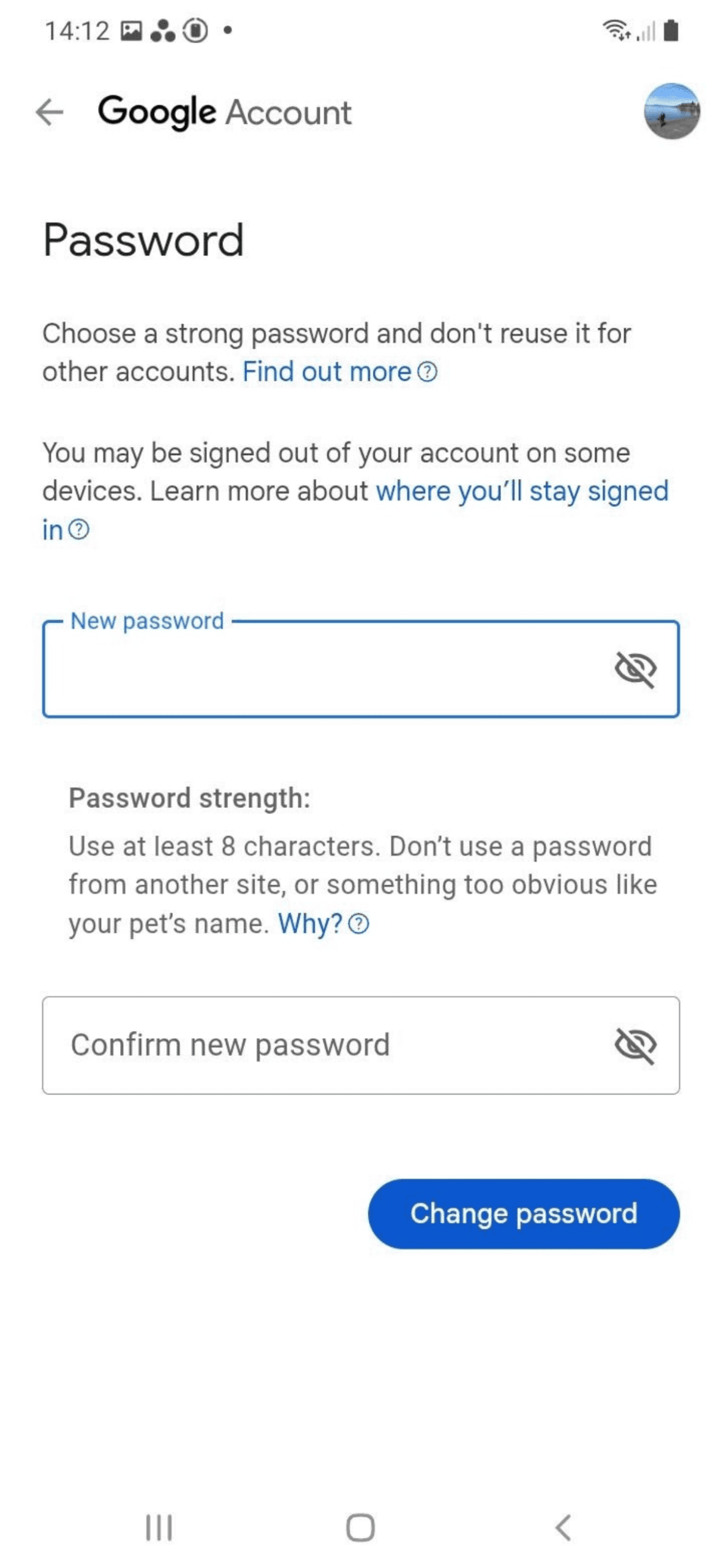 Pantalla para cambiar la contraseña de Google en un dispositivo Android.