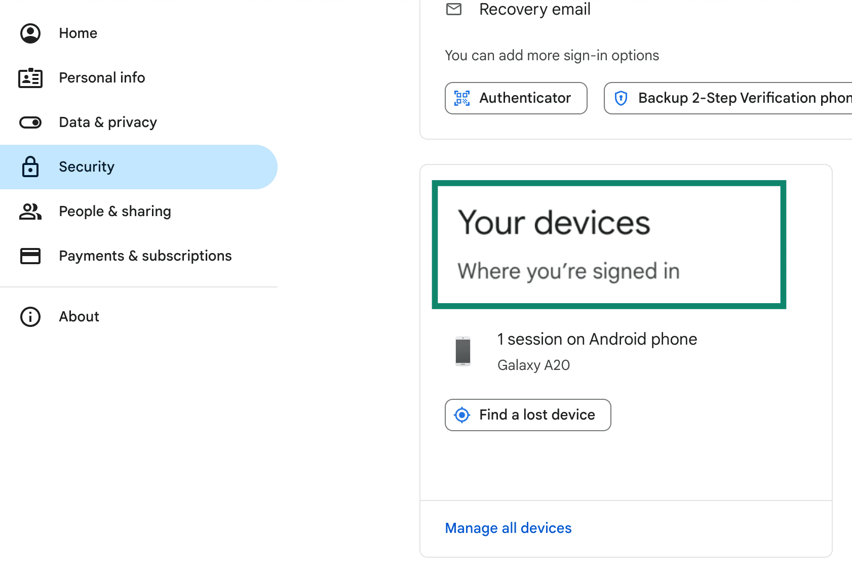 Opción Tus dispositivos en la configuración de la cuenta de Google.