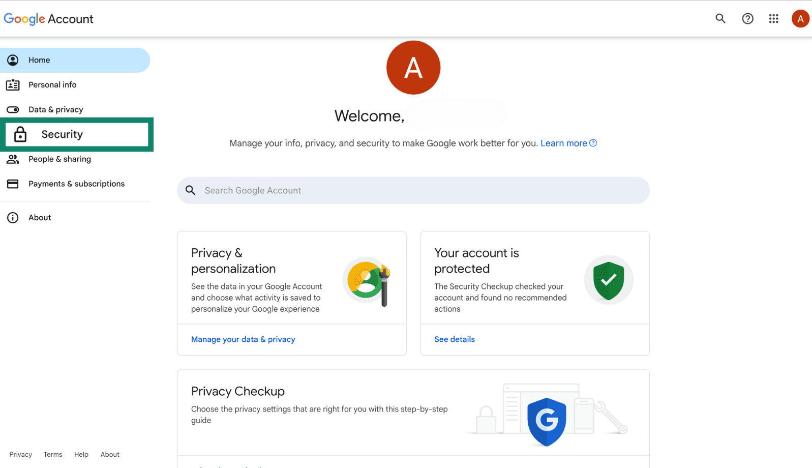 Panel de control de la cuenta de Google con la pestaña Seguridad resaltada en el menú de la izquierda. width=700