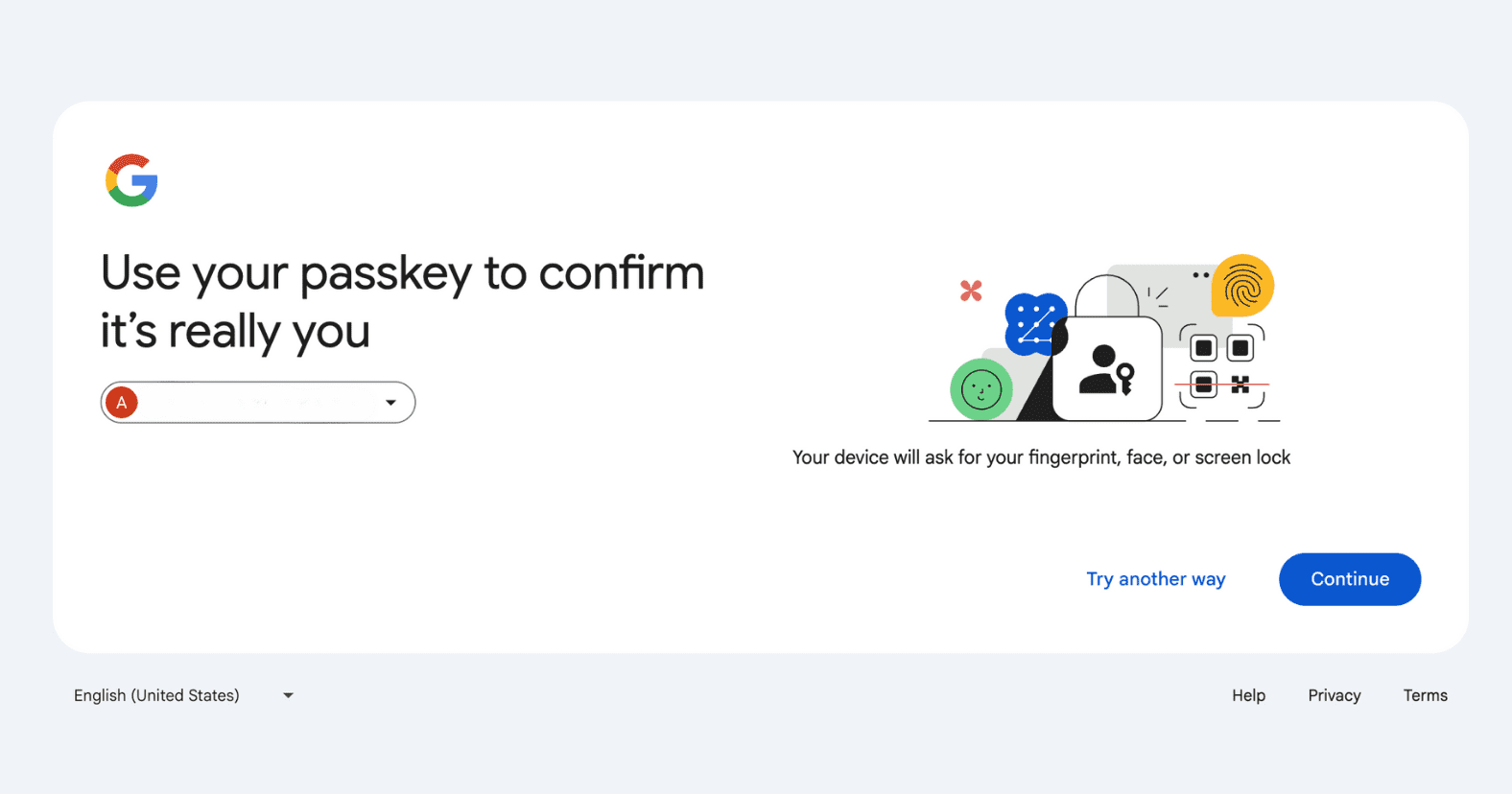 Pantalla de verificación de passkey de acceso de Google que solicita la autenticación biométrica para confirmar el acceso a la cuenta.