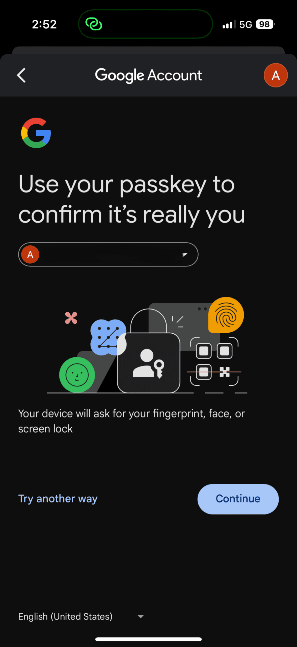 Pantalla de passkey de Google que solicita la verificación biométrica en un iPhone.